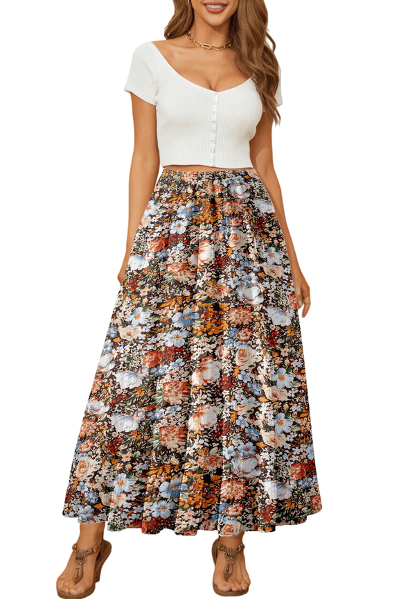 Skirts for Women Summer Chiffon Pleated A-Line Long Skirt Elastic High Waist Swing Tiered Boho Beach Floral Print Maxi Skirts