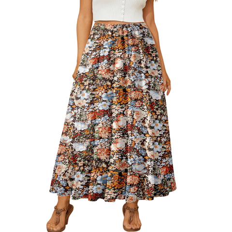Skirts for Women Summer Chiffon Pleated A-Line Long Skirt Elastic High Waist Swing Tiered Boho Beach Floral Print Maxi Skirts