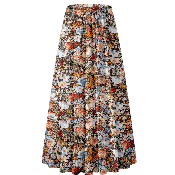 UVN Skirts for Women Summer Chiffon Pleated A-Line Long Skirt Elastic High Waist Swing Tiered Boho Beach Floral Print Maxi Skirts