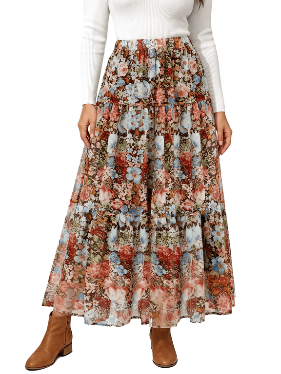 Skirts for Women Fall Chiffon Pleated A-Line Long Skirt Elastic High Waist Swing Tiered Boho Beach Floral Print Maxi Skirts