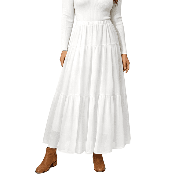 UVN Skirts for Women Fall Chiffon Pleated A-Line Long Skirt Elastic High Waist Swing Tiered Boho Beach Floral Print Maxi Skirts
