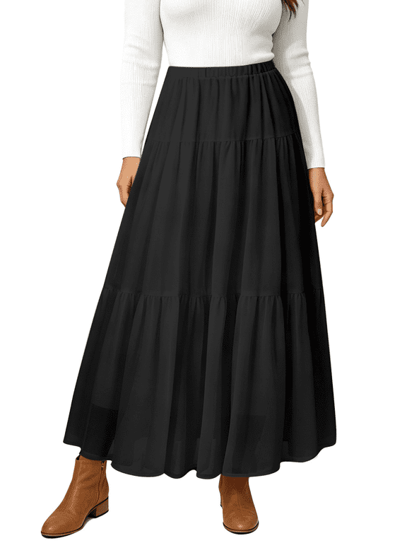 Skirts for Women Fall Chiffon Pleated A-Line Long Skirt Elastic High Waist Swing Tiered Boho Beach Floral Print Maxi Skirts