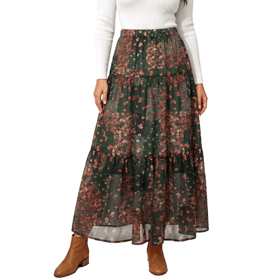 UVN Skirts for Women Fall Chiffon Pleated A-Line Long Skirt Elastic High Waist Swing Tiered Boho Beach Floral Print Maxi Skirts