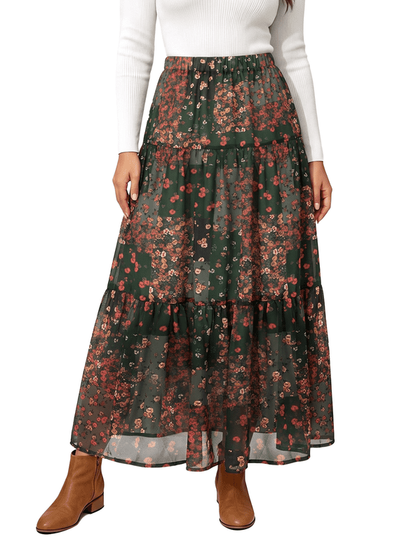 Skirts for Women Fall Chiffon Pleated A-Line Long Skirt Elastic High Waist Swing Tiered Boho Beach Floral Print Maxi Skirts