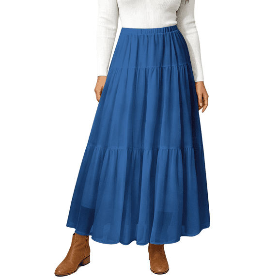 UVN Skirts for Women Fall Chiffon Pleated A-Line Long Skirt Elastic High Waist Swing Tiered Boho Beach Floral Print Maxi Skirts