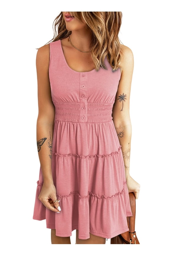 Sleeveless Dresses for Women Summer Casual Button Down Sundresses Ladies Ruffle Tiered Casual Swing Beach Dress