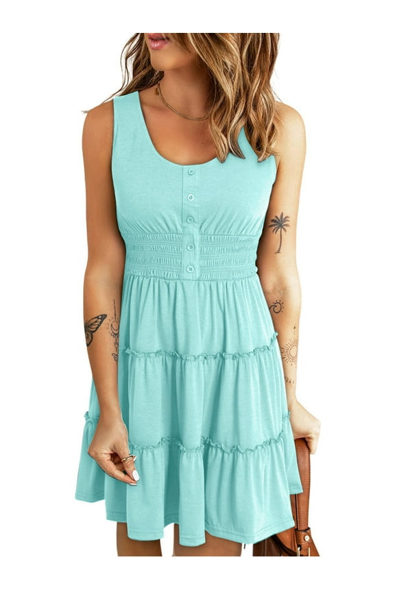 Sleeveless Dresses for Women Summer Casual Button Down Sundresses Ladies Ruffle Tiered Casual Swing Beach Dress