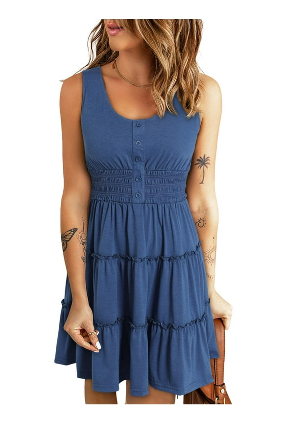 Sleeveless Dresses for Women Summer Casual Button Down Sundresses Ladies Ruffle Tiered Casual Swing Beach Dress