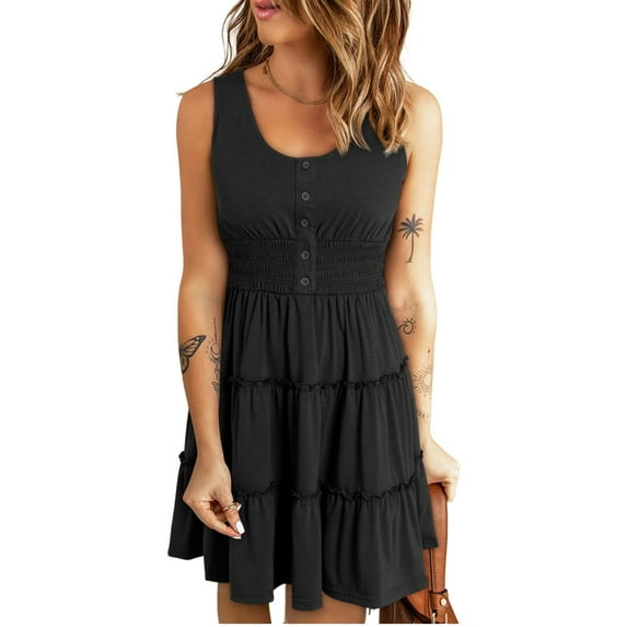 UVN Sleeveless Dresses for Women Summer Casual Button Down Sundresses Ladies Ruffle Tiered Casual Swing Beach Dress