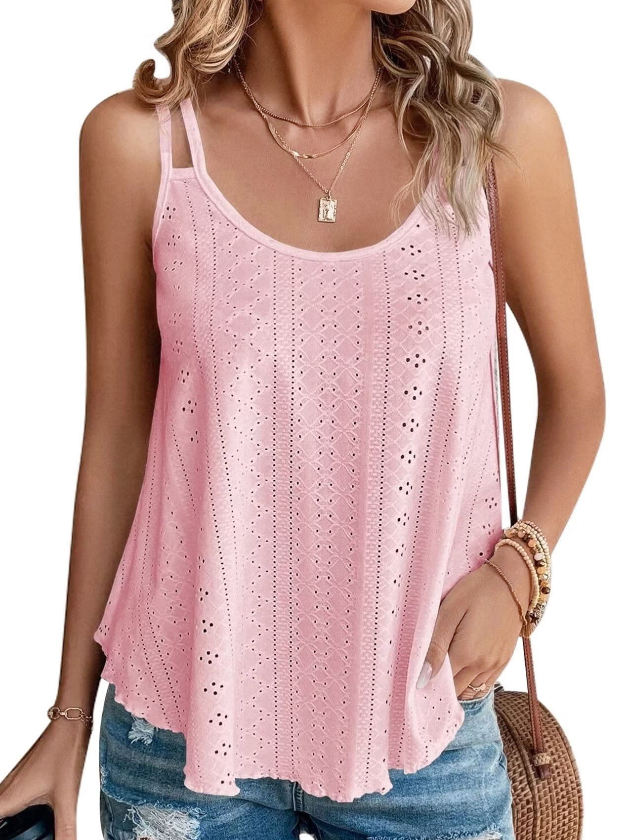 UVN Spaghetti Strap Tank Tops for Women Summer Sleeveless Tops Eyelet ...