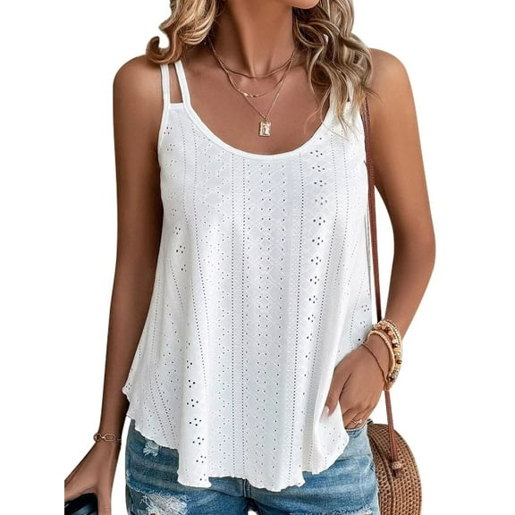 UVN Spaghetti Strap Tank Tops for Women Summer Sleeveless Tops Eyelet Embroidery Flowy Shirts Scoop Neck Loose Cami