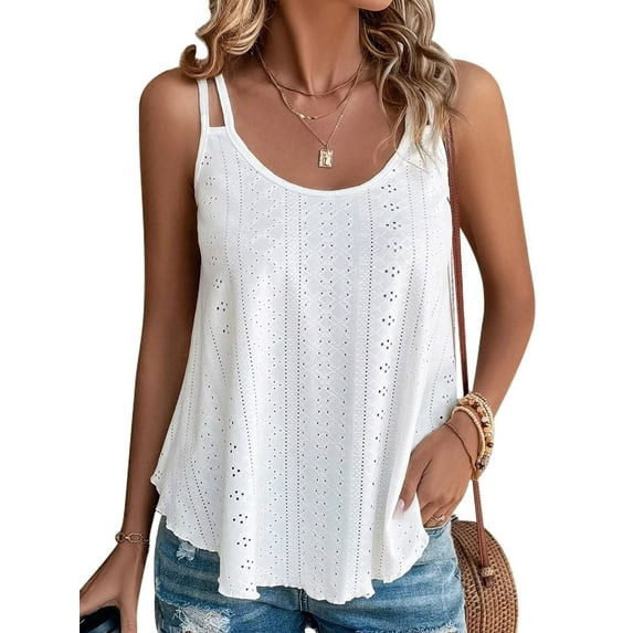 UVN Spaghetti Strap Tank Tops for Women Summer Sleeveless Tops Eyelet Embroidery Flowy Shirts Scoop Neck Loose Cami