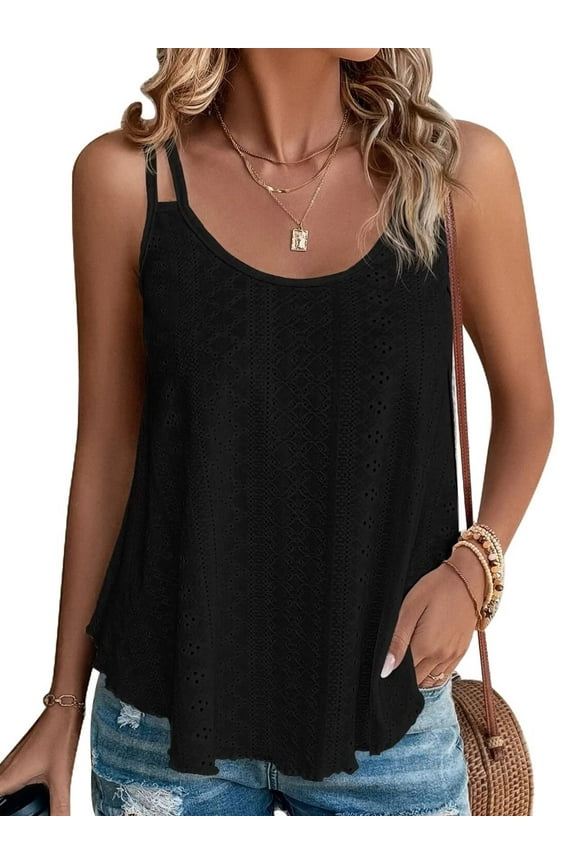 Spaghetti Strap Tank Tops for Women Summer Sleeveless Tops Eyelet Embroidery Flowy Shirts Scoop Neck Loose Cami