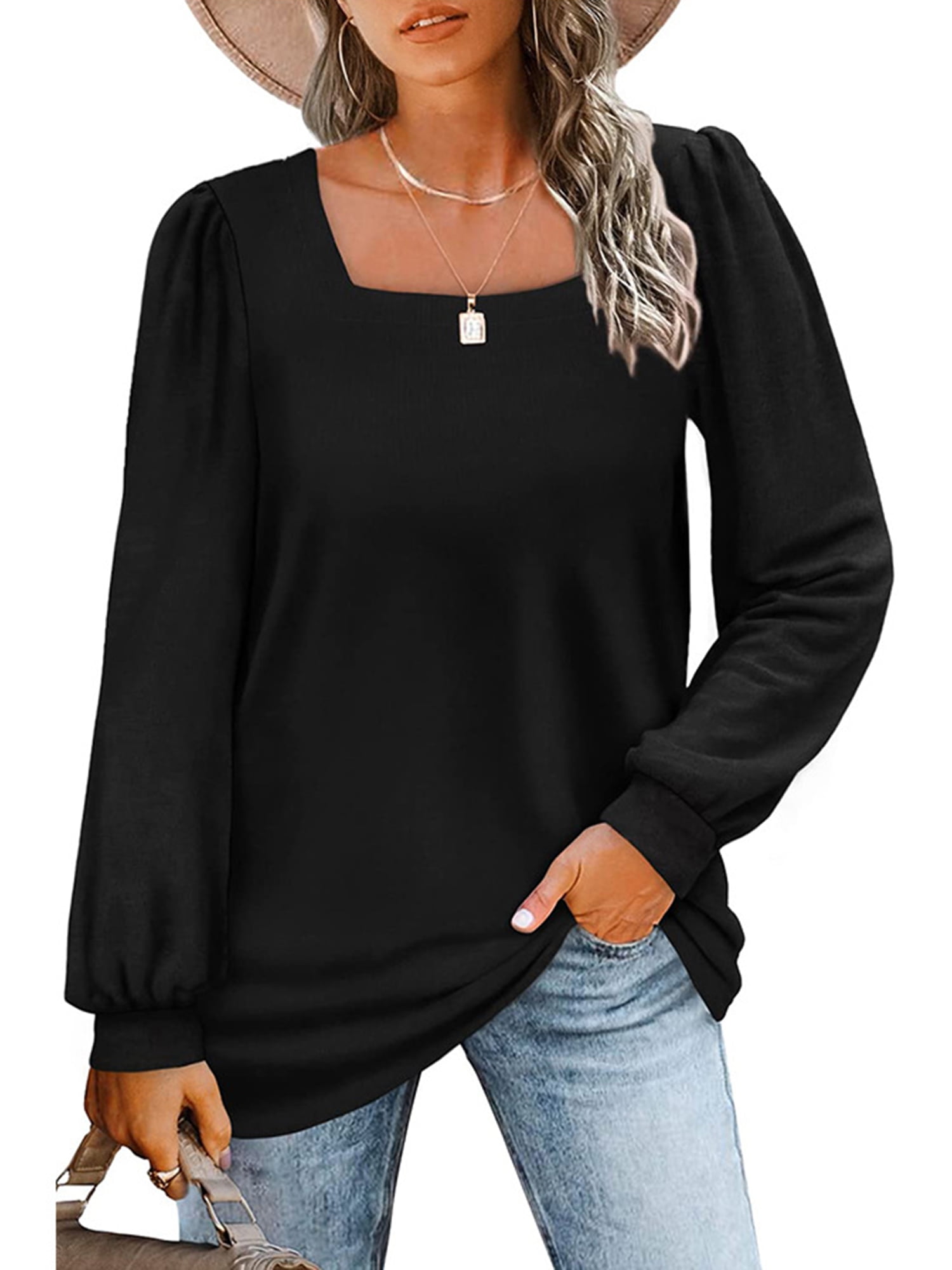 UVN Square Neck Sweatshirt for Women Long Sleeve Shirt Fall Tunic Tops ...