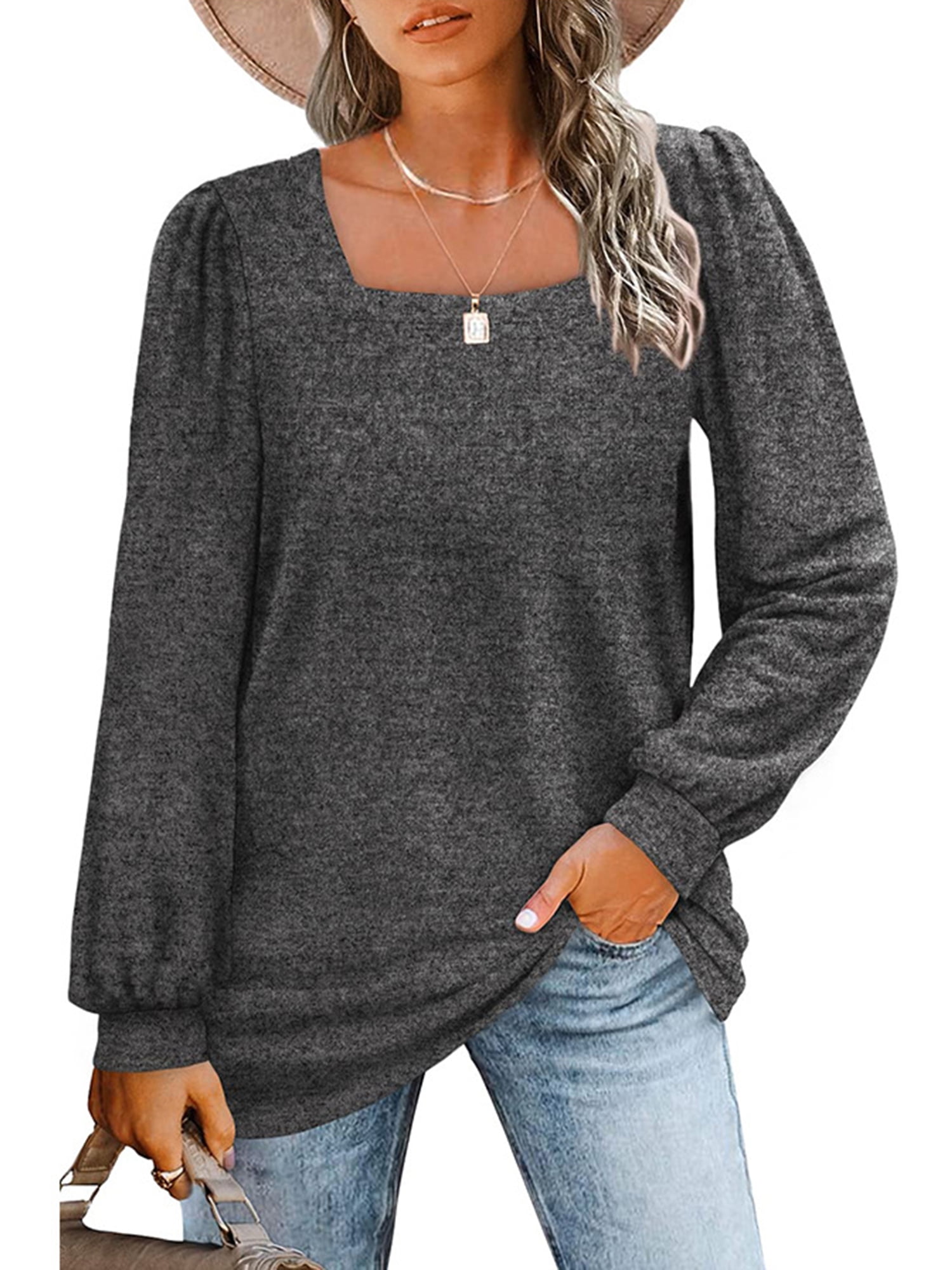 UVN Square Neck Sweatshirt for Women Long Sleeve Shirt Fall Tunic Tops ...