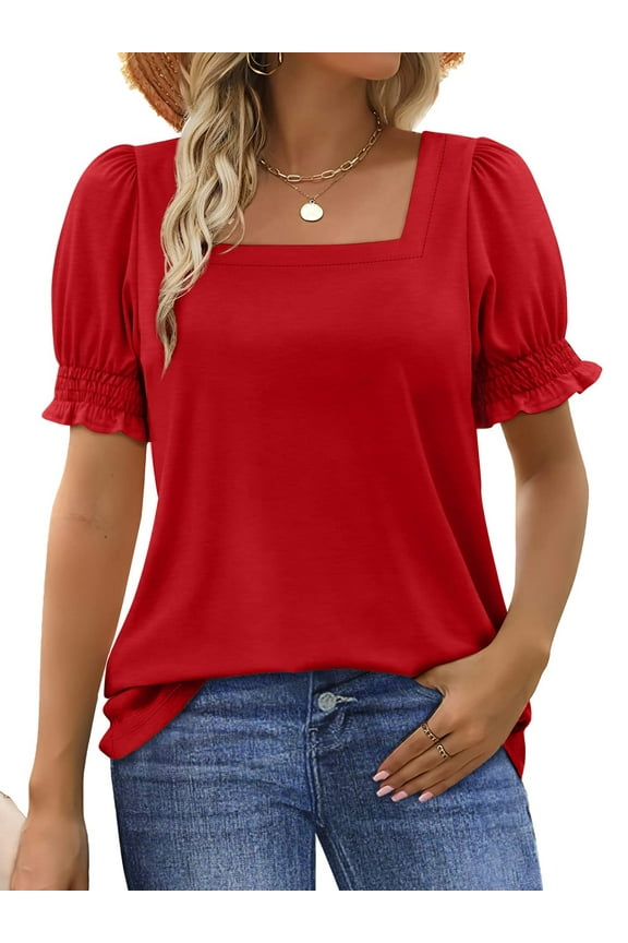 Square Neck Tops for Women Summer Puff Short Sleeve Shirts Dressy Casual Tunic Blouses