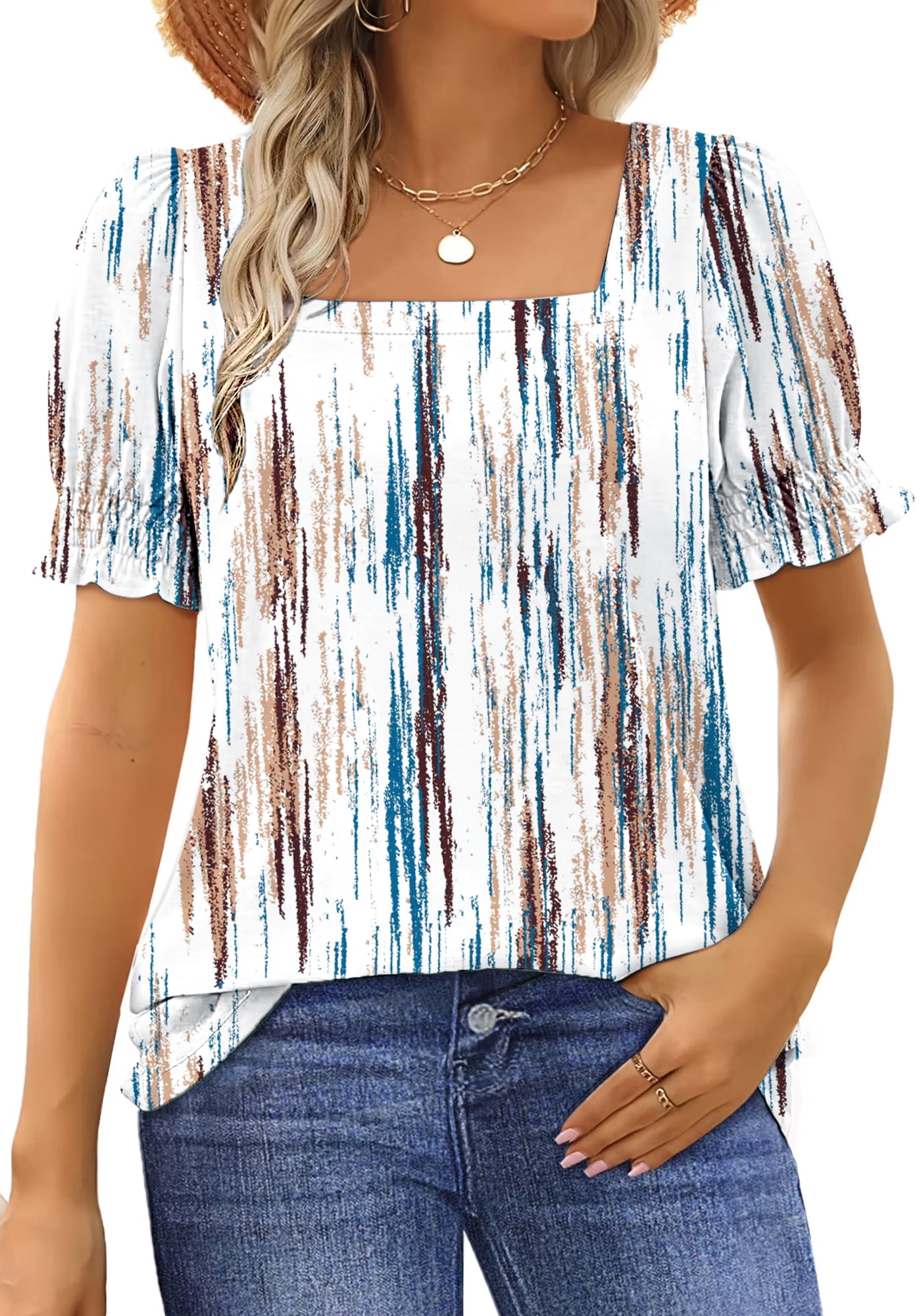 UVN Square Neck Tops for Women Summer Puff Short Sleeve Shirts Dressy ...