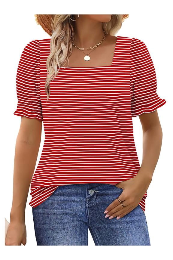 Square Neck Tops for Women Summer Puff Short Sleeve Shirts Dressy Casual Tunic Blouses