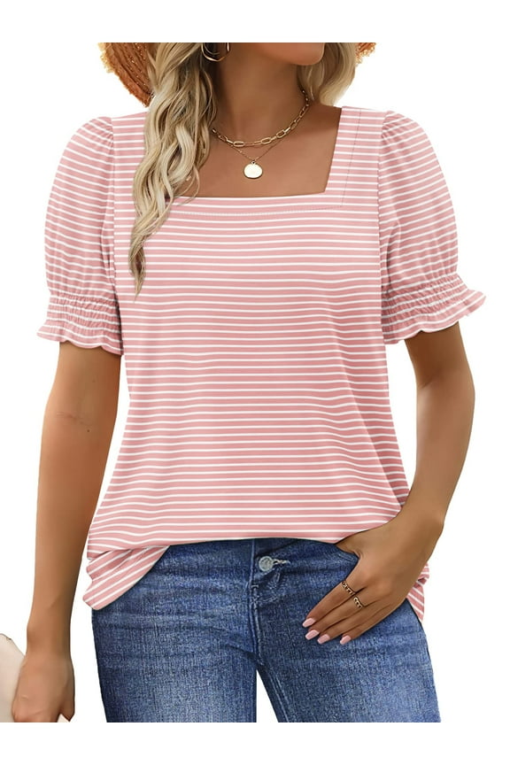Square Neck Tops for Women Summer Puff Short Sleeve Shirts Dressy Casual Tunic Blouses