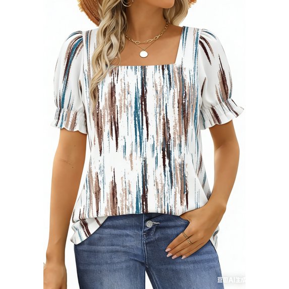 UVN Square Neck Tops for Women Summer Puff Short Sleeve Shirts Dressy Casual Tunic Blouses