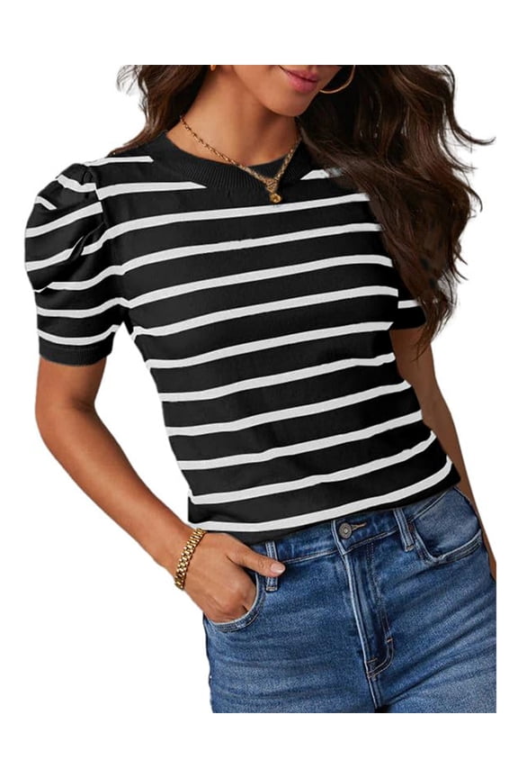 Striped Tops for Women Summer Short Puff Sleeve Pullover Blouses Casual Crewneck Knit T Shirts
