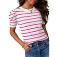 thumbnail image 1 of UVN Striped Tops for Women Summer Short Puff Sleeve Pullover Blouses Casual Crewneck Knit T Shirts, 1 of 8