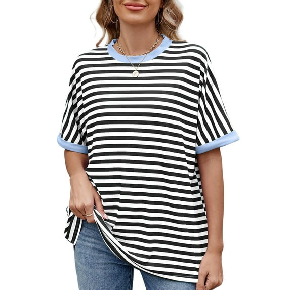 UVN Striped Tops for Women Summer Short Sleeve T Shirts Casual Crewneck Color Block Shirts