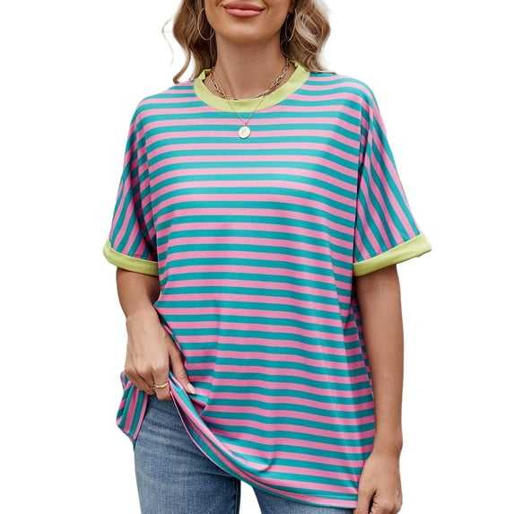UVN Striped Tops for Women Summer Short Sleeve T Shirts Casual Crewneck Color Block Shirts