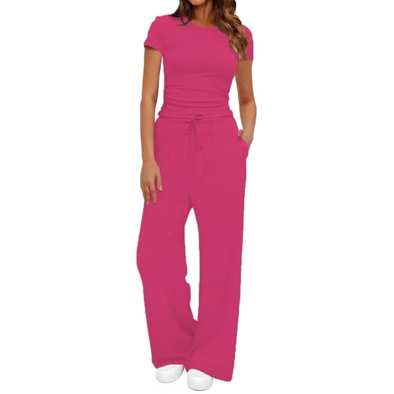 UVN Summer 2 Piece Outfit Set for Women Ruched Short Sleeve Tops and Wide Leg Pants with Pockets Casual Tracksuit Sets Ladies Loungewear