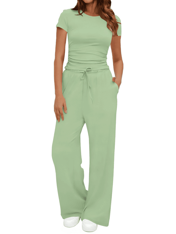 Summer 2 Piece Outfit Set for Women Ruched Short Sleeve Tops and Wide Leg Pants Casual Tracksuit Ladies Loungewear