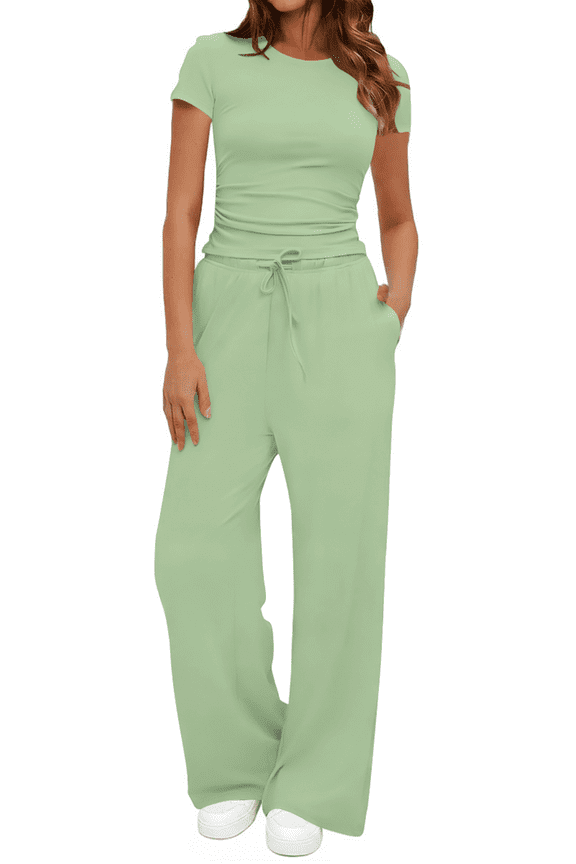 Summer 2 Piece Outfit Set for Women Ruched Short Sleeve Tops and Wide Leg Pants with Pockets Casual Tracksuit Sets Ladies Loungewear