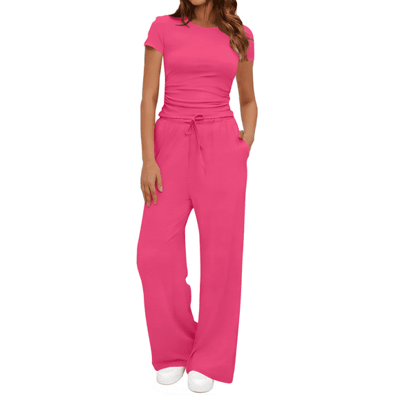 UVN Summer 2 Piece Outfit Set for Women Ruched Short Sleeve Tops and Wide Leg Pants with Pockets Casual Tracksuit Sets Ladies Loungewear
