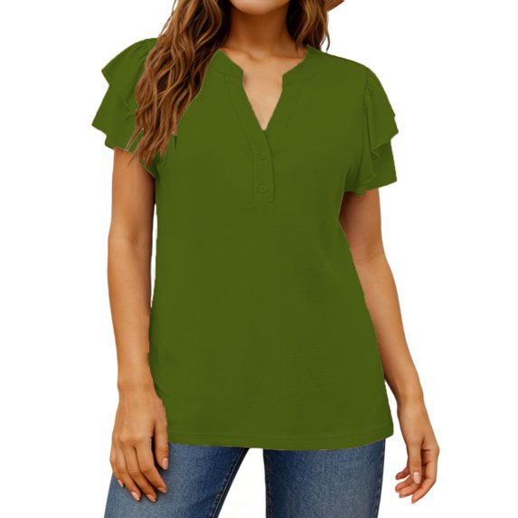 UVN Summer Blouse for Women Ruffle Short Sleeve Shirts V Neck Button Down Elegant Ladies Tops