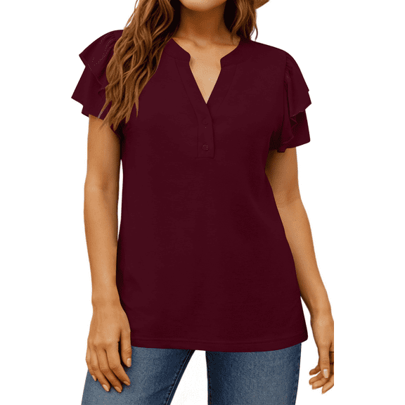 UVN Summer Blouse for Women Ruffle Short Sleeve Shirts V Neck Button Down Elegant Ladies Tops