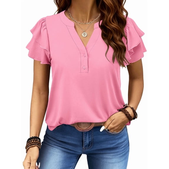 UVN Summer Blouse for Women Ruffle Short Sleeve Shirts V Neck Button Down Elegant Ladies Tops