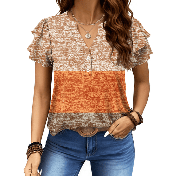 UVN Summer Blouse for Women Ruffle Short Sleeve Shirts V Neck Button Down Elegant Ladies Tops