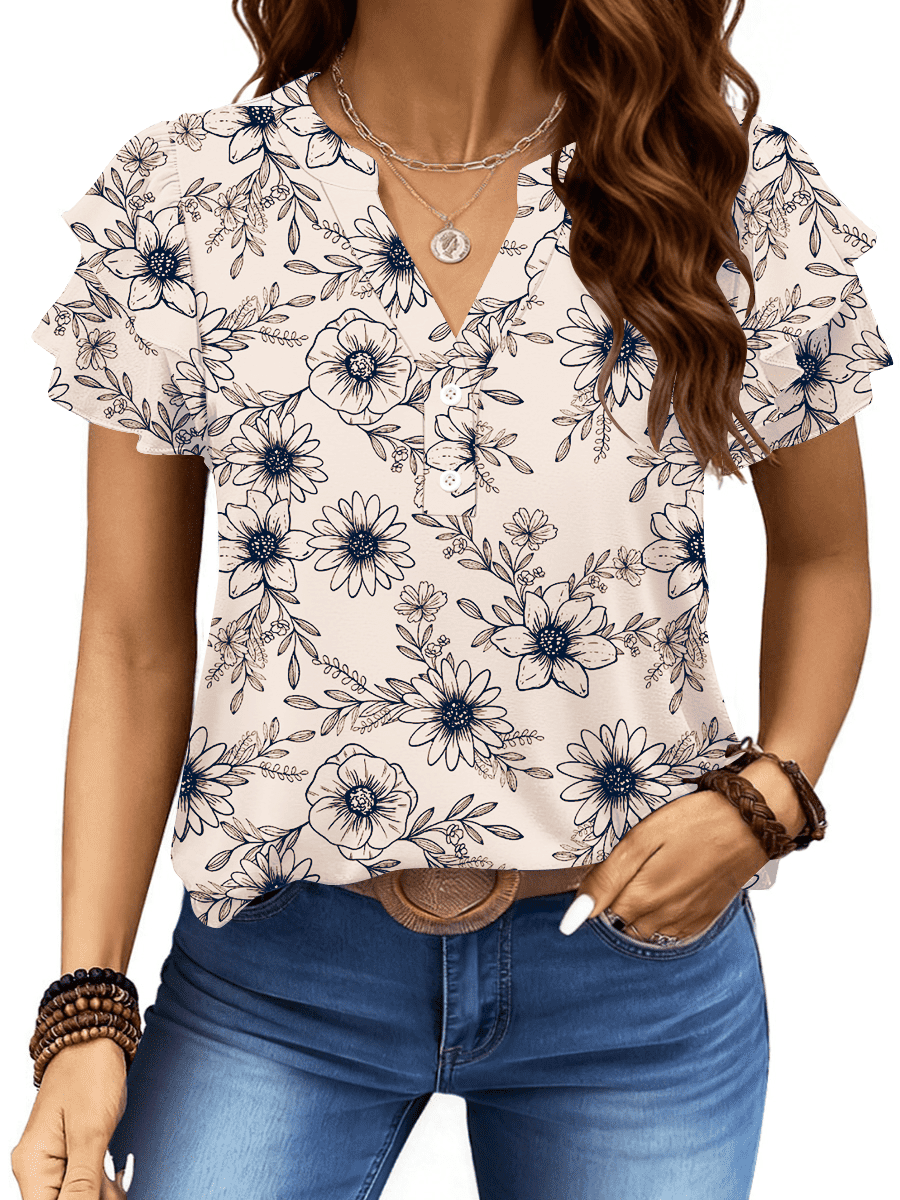 UVN Summer Blouse for Women Ruffle Short Sleeve Shirts V Neck Button ...