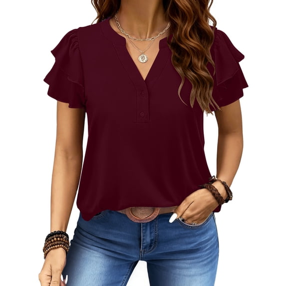 UVN Summer Blouse for Women Ruffle Short Sleeve Shirts V Neck Button Down Elegant Ladies Tops