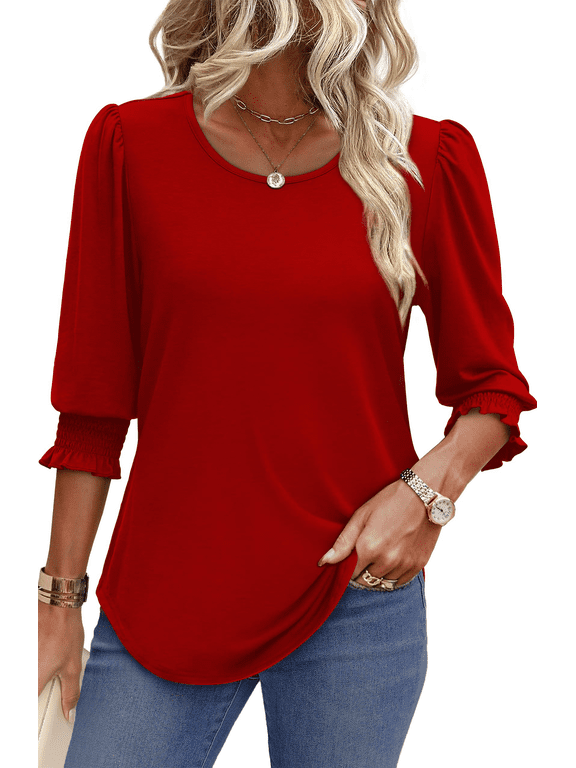 Summer Blouses for Women 3/4 Sleeve Shirts Ladies Casual Crew Neck Womens Tunic Tops