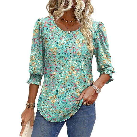 UVN Summer Blouses for Women 3/4 Sleeve Shirts Ladies Casual Crew Neck Womens Tunic Tops