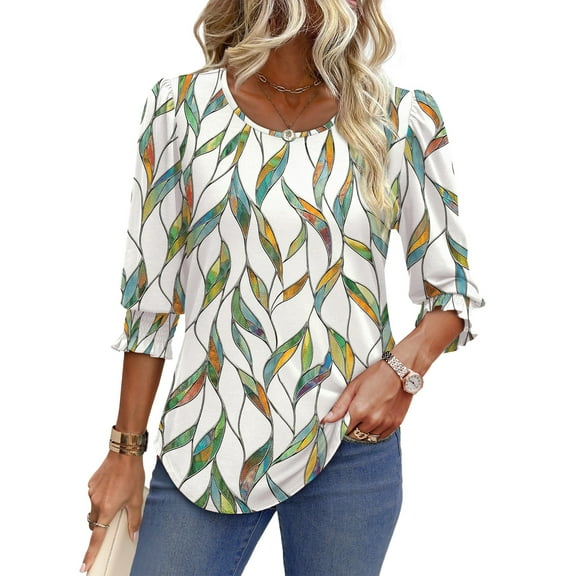 UVN Summer Blouses for Women 3/4 Sleeve Shirts Ladies Casual Crew Neck Womens Tunic Tops