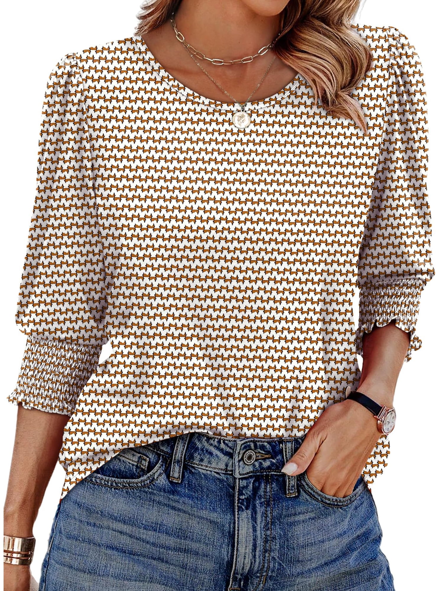 UVN Summer Blouses for Women 3/4 Sleeve Shirts Ladies Casual Crew Neck ...