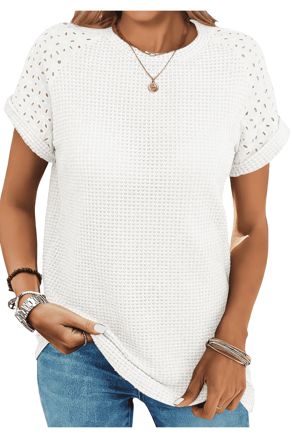 Summer Blouses for Women Short Sleeve Crewneck Dressy Shirts Ladies Casual Waffle Knit Hollow Out Tunic Tops