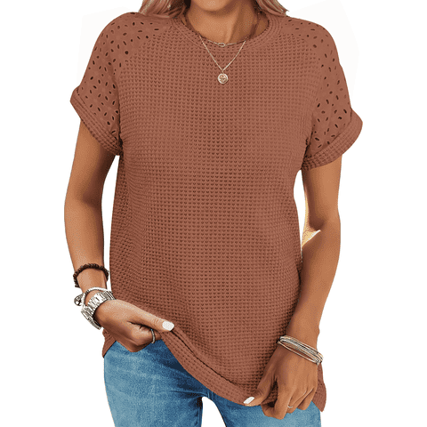 Summer Blouses for Women Short Sleeve Crewneck Dressy Shirts Ladies Casual Waffle Knit Hollow Out Tunic Tops