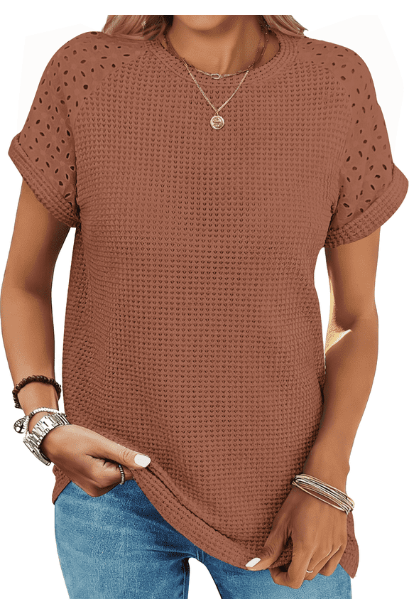 Summer Blouses for Women Short Sleeve Crewneck Dressy Shirts Ladies Casual Waffle Knit Hollow Out Tunic Tops