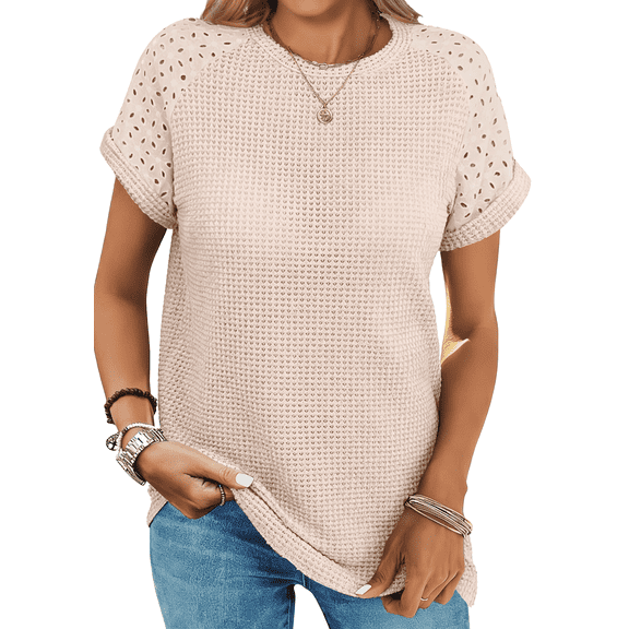 UVN Summer Blouses for Women Short Sleeve Crewneck Dressy Shirts Ladies Casual Waffle Knit Hollow Out Tunic Tops