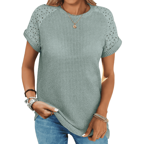 Summer Blouses for Women Short Sleeve Crewneck Dressy Shirts Ladies Casual Waffle Knit Hollow Out Tunic Tops