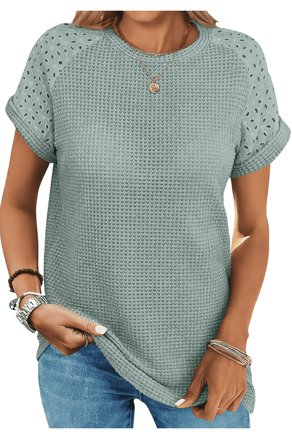 Summer Blouses for Women Short Sleeve Crewneck Dressy Shirts Ladies Casual Waffle Knit Hollow Out Tunic Tops