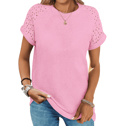 Summer Blouses for Women Short Sleeve Crewneck Dressy Shirts Ladies Casual Waffle Knit Hollow Out Tunic Tops