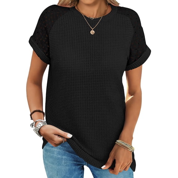 UVN Summer Blouses for Women Short Sleeve Crewneck Dressy Shirts Ladies Casual Waffle Knit Hollow Out Tunic Tops